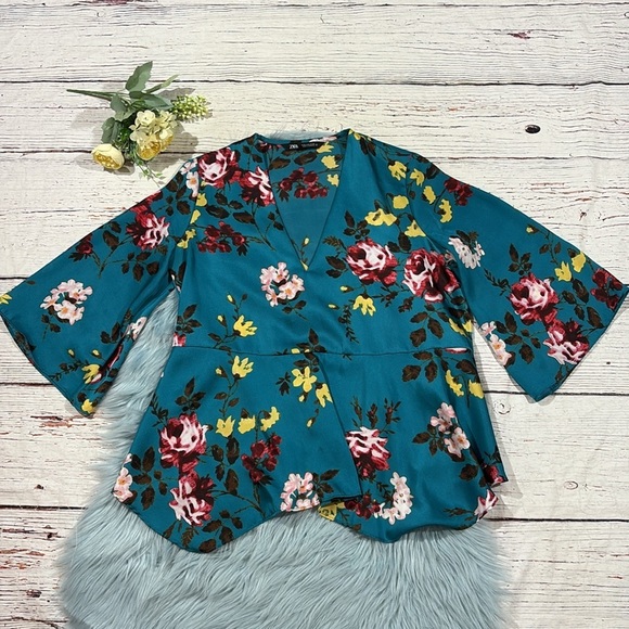 Zara Satin Royal Blue Floral Bell Sleeve Blouse - Picture 1 of 9